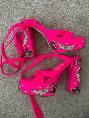 Hot Pink Platform Lace-Up Heels with Crystal Moon & Star Accents